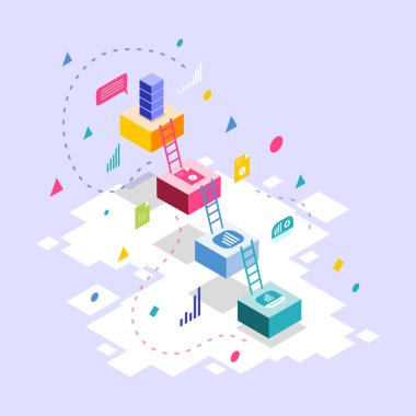 Isometric Computing Business Illustration Vector Modern izometrik vektör çizimi dijital cihazlar, ofis kurulumu, takım çalışması ve bulut teknolojisi içeren bir bilgisayar işi konsepti