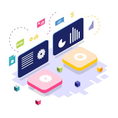 Isometric Computing Business Illustration Vector Modern izometrik vektör çizimi dijital cihazlar, ofis kurulumu, takım çalışması ve bulut teknolojisi içeren bir bilgisayar işi konsepti