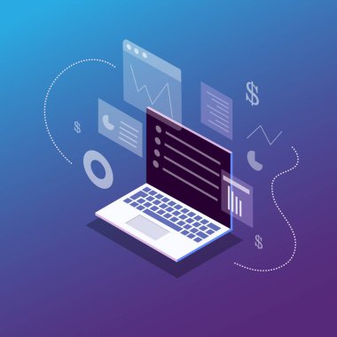 Dijital cihazlar, ofis kurulumu, takım çalışması ve bulut teknolojisi içeren bir bilgisayar işi konseptinin modern izometrik vektör çizimi