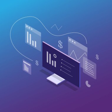 Dijital cihazlar, ofis kurulumu, takım çalışması ve bulut teknolojisi içeren bir bilgisayar işi konseptinin modern izometrik vektör çizimi