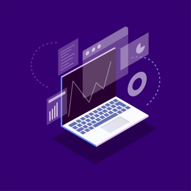 Dijital cihazlar, ofis kurulumu, takım çalışması ve bulut teknolojisi içeren bir bilgisayar işi konseptinin modern izometrik vektör çizimi