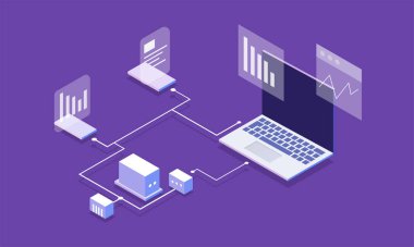Dijital cihazlar, ofis kurulumu, takım çalışması ve bulut teknolojisi içeren bir bilgisayar işi konseptinin modern izometrik vektör çizimi