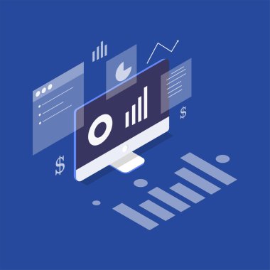 Dijital cihazlar, ofis kurulumu, takım çalışması ve bulut teknolojisi içeren bir bilgisayar işi konseptinin modern izometrik vektör çizimi