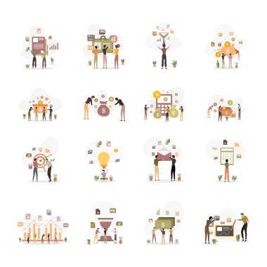 Çizelgeler, grafikler, para, yatırım ve finansal planlama da dahil olmak üzere iş ve finans kavramlarını temsil eden modern bir illüstrasyon