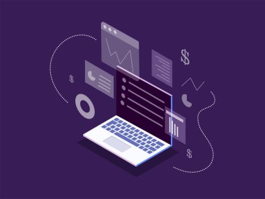 Ofis ayarları, iş istasyonları gibi bilgisayar ve dijital teknoloji elemanlarıyla entegre edilmiş bir iş binasının izometrik çizimi