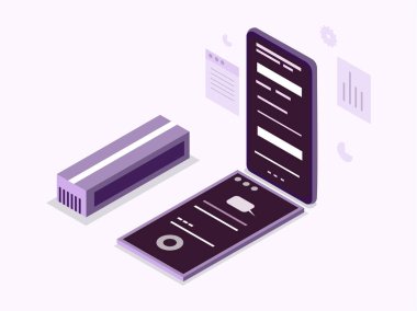 Ofis ayarları, iş istasyonları gibi bilgisayar ve dijital teknoloji elemanlarıyla entegre edilmiş bir iş binasının izometrik çizimi