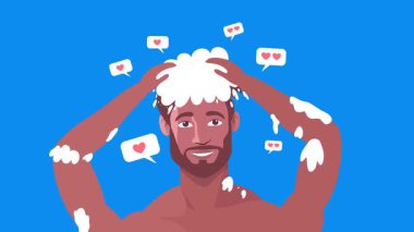 Adam duş alıyor ve saçına şampuan sürüyor. Aşk metniyle izole edilmiş.