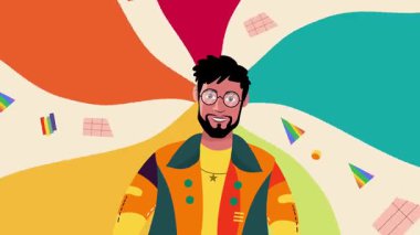 Gözlüklü ve kulaklıklı genç adam renkli bir arka planda müzik dinliyor.