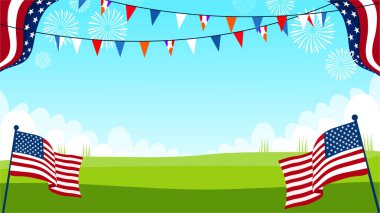 Amerikan bayrağı ve balonlarıyla bağımsızlık günü geçmişi. vektör illüstrasyonu