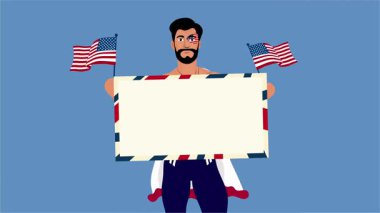 ABD bayrağını elinde tutan adam. Çizgi film düz stiliyle vektör illüstrasyonu