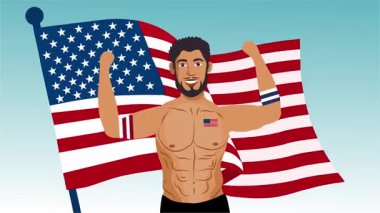 Amerikan bayrağı taşıyan bir karikatür adamın vektör çizimi