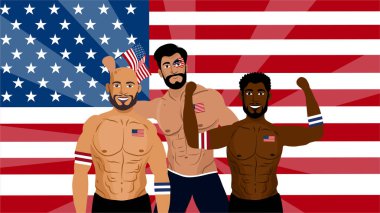 Amerikan futbol günü. Bir grup Amerikan insanı. Amerikan bayrağı. vektör illüstrasyonu