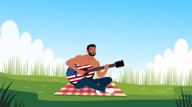 Çimlerin üzerinde Amerikan bayrağı taşıyan adam