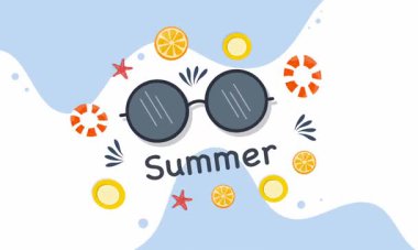 Güneş gözlüğü ve yaz elementleriyle yaz vektör illüstrasyonu.