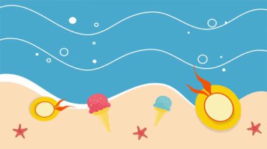 Yaz sezonu hareket videosunda canlı bir tropikal plaj sahnesi var. Temiz bir animasyon vektör stili tasarlanmış. Tatil gezileri veya yaz temalı video içeriği için sıcak mevsimlik titreşimler getiriyor.