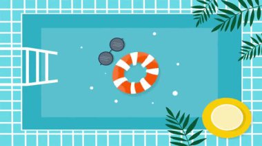 Yaz sezonu hareket videosunda canlı bir tropikal plaj sahnesi var. Temiz bir animasyon vektör stili tasarlanmış. Tatil gezileri veya yaz temalı video içeriği için sıcak mevsimlik titreşimler getiriyor.