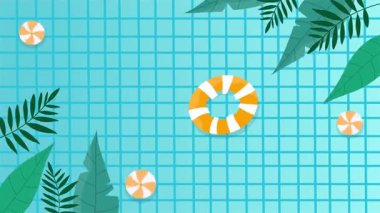 Yaz sezonu hareket videosunda canlı bir tropikal plaj sahnesi var. Temiz bir animasyon vektör stili tasarlanmış. Tatil gezileri veya yaz temalı video içeriği için sıcak mevsimlik titreşimler getiriyor.