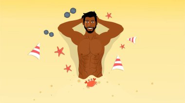 Seksi gömleksiz adam neşeli yaz plaj gününü kutluyor.
