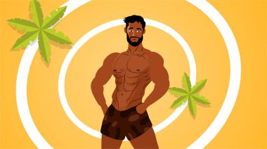 Seksi gömleksiz adam neşeli yaz plaj gününü kutluyor.