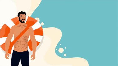 Seksi üstsüz adam sahilde neşeli bir yaz gününü dans içeceği ve tropikal hareketlerle kutluyor.