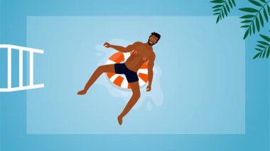 Seksi üstsüz adam sahilde neşeli bir yaz gününü dans içeceği ve tropikal hareketlerle kutluyor.