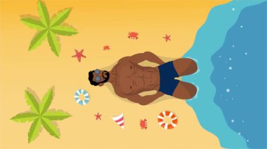 Seksi üstsüz adam sahilde neşeli bir yaz gününü dans içeceği ve tropikal hareketlerle kutluyor.