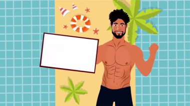 Seksi üstsüz adam sahilde neşeli bir yaz gününü dans içeceği ve tropikal hareketlerle kutluyor.