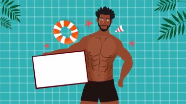 Seksi üstsüz adam sahilde neşeli bir yaz gününü dans içeceği ve tropikal hareketlerle kutluyor.