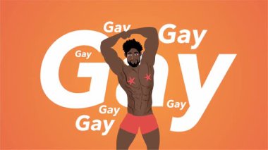 Seksi üstsüz adam sahilde neşeli bir yaz gününü dans içeceği ve tropikal hareketlerle kutluyor.