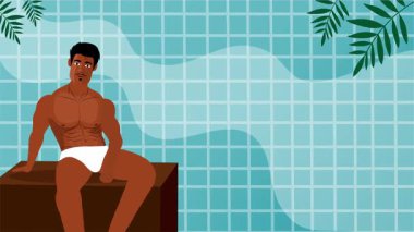 Seksi üstsüz adam sahilde neşeli bir yaz gününü dans içeceği ve tropikal hareketlerle kutluyor.