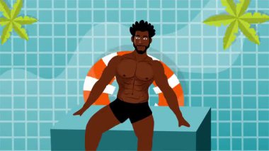 Seksi üstsüz adam sahilde neşeli bir yaz gününü dans içeceği ve tropikal hareketlerle kutluyor.