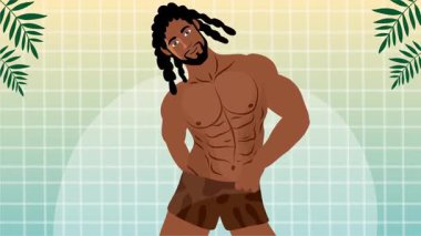 Seksi üstsüz adam sahilde neşeli bir yaz gününü dans içeceği ve tropikal hareketlerle kutluyor.