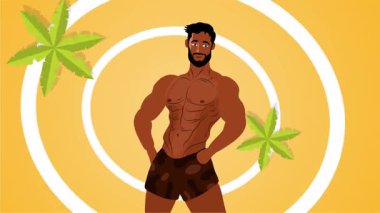 Seksi üstsüz adam sahilde neşeli bir yaz gününü dans içeceği ve tropikal hareketlerle kutluyor.