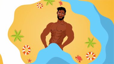 Seksi üstsüz adam sahilde neşeli bir yaz gününü dans içeceği ve tropikal hareketlerle kutluyor.