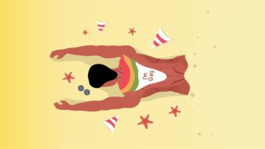 Seksi üstsüz adam sahilde neşeli bir yaz gününü dans içeceği ve tropikal hareketlerle kutluyor.