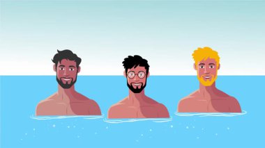 Seksi üstsüz adam sahilde neşeli bir yaz gününü dans içeceği ve tropikal hareketlerle kutluyor.