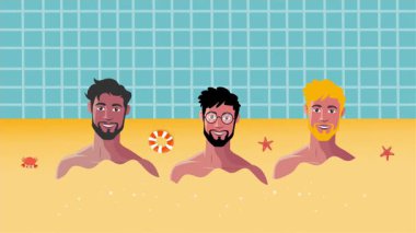 Seksi üstsüz adam sahilde neşeli bir yaz gününü dans içeceği ve tropikal hareketlerle kutluyor.