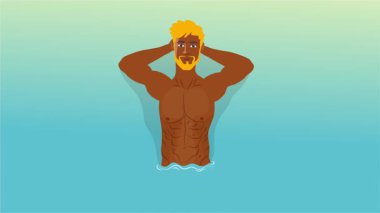 Seksi üstsüz adam sahilde neşeli bir yaz gününü dans içeceği ve tropikal hareketlerle kutluyor.