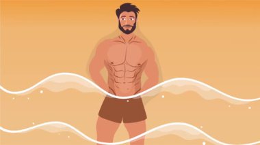 Seksi üstsüz adam sahilde neşeli bir yaz gününü dans içeceği ve tropikal hareketlerle kutluyor.