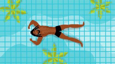 Seksi üstsüz adam sahilde neşeli bir yaz gününü dans içeceği ve tropikal hareketlerle kutluyor.