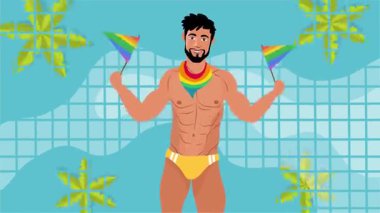 Seksi üstsüz adam sahilde neşeli bir yaz gününü dans içeceği ve tropikal hareketlerle kutluyor.