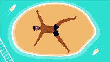 Seksi üstsüz adam sahilde neşeli bir yaz gününü dans içeceği ve tropikal hareketlerle kutluyor.