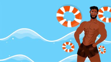 Seksi üstsüz adam sahilde neşeli bir yaz gününü dans içeceği ve tropikal hareketlerle kutluyor.