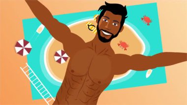 Seksi üstsüz adam sahilde neşeli bir yaz gününü dans içeceği ve tropikal hareketlerle kutluyor.