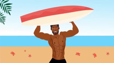 Seksi üstsüz adam sahilde neşeli bir yaz gününü dans içeceği ve tropikal hareketlerle kutluyor.