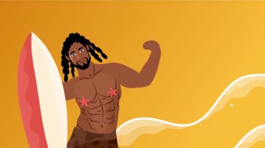 Seksi üstsüz adam sahilde neşeli bir yaz gününü dans içeceği ve tropikal hareketlerle kutluyor.