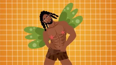 Seksi üstsüz adam sahilde neşeli bir yaz gününü dans içeceği ve tropikal hareketlerle kutluyor.