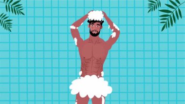 Seksi üstsüz adam sahilde neşeli bir yaz gününü dans içeceği ve tropikal hareketlerle kutluyor.