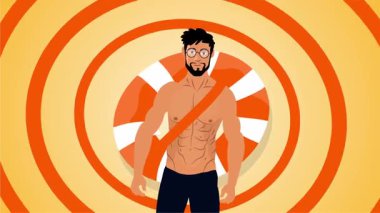 Seksi üstsüz adam sahilde neşeli bir yaz gününü dans içeceği ve tropikal hareketlerle kutluyor.