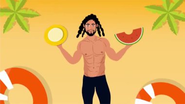 Seksi üstsüz adam sahilde neşeli bir yaz gününü dans içeceği ve tropikal hareketlerle kutluyor.